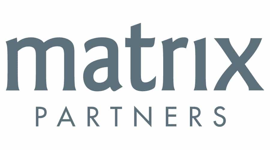 Matrix Partners logo featuring the word "matrix" in large, gray lowercase letters above "PARTNERS" in smaller uppercase—reflecting their commitment to empowering founders with tech superpowers.