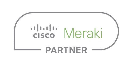 Cisco Meraki Partner logo featuring the Cisco and Meraki names in gray and green text with a minimalist outlined design, representing trusted Cybersecurity Services.